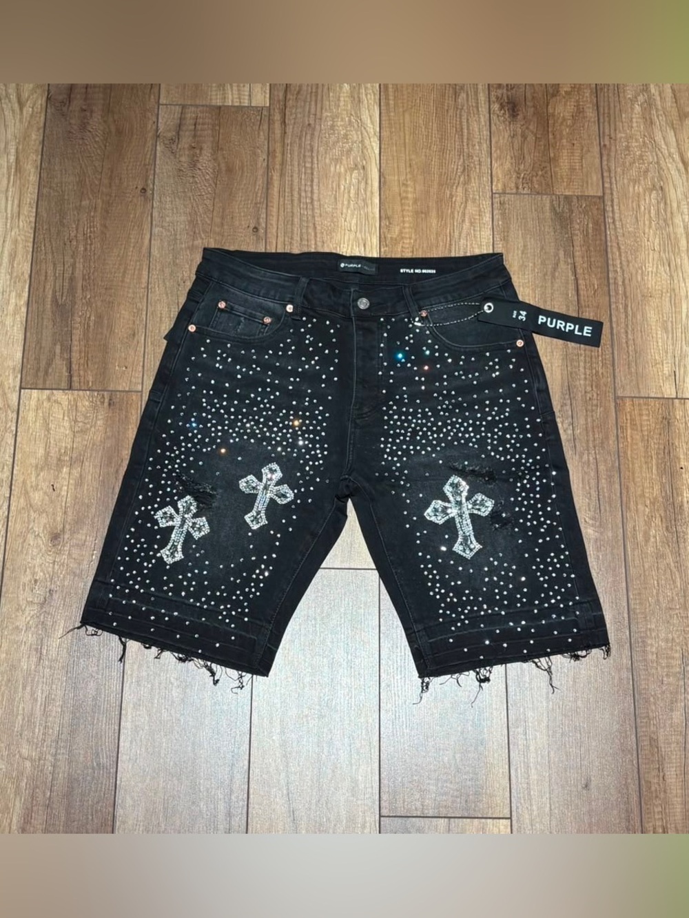 Purple Brand Black VVS Rhinestone with Crosses Jean Shorts Mens Brand New